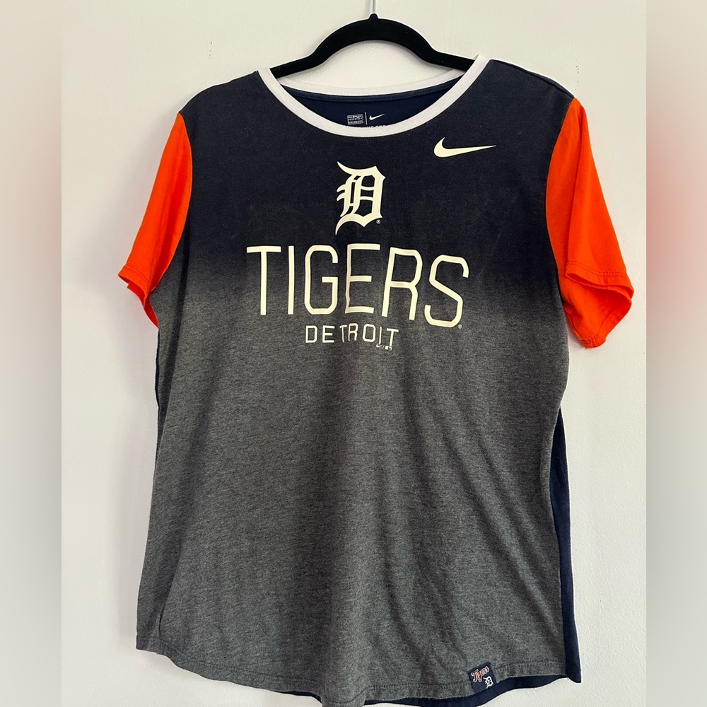 Nike Detroit Tigers MLB T-Shirt Large Navy Gray Ombre Orange Sleeve Tee